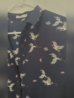 Navy Crane Print Button-Up Dress Sz M